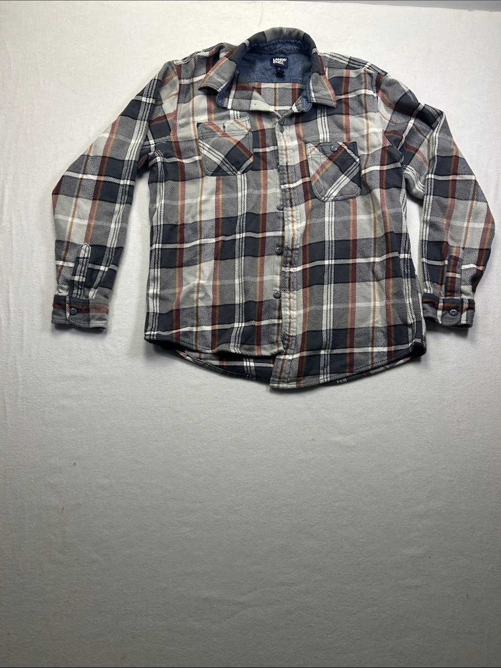 Lands' End Gray, Cream & Brown Plaid Button-Down Shirt